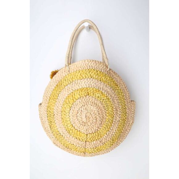 American Eagle Woven Straw Circle Tote Bag Natural Yellow Boho Beach Summer LG - Picture 10 of 11